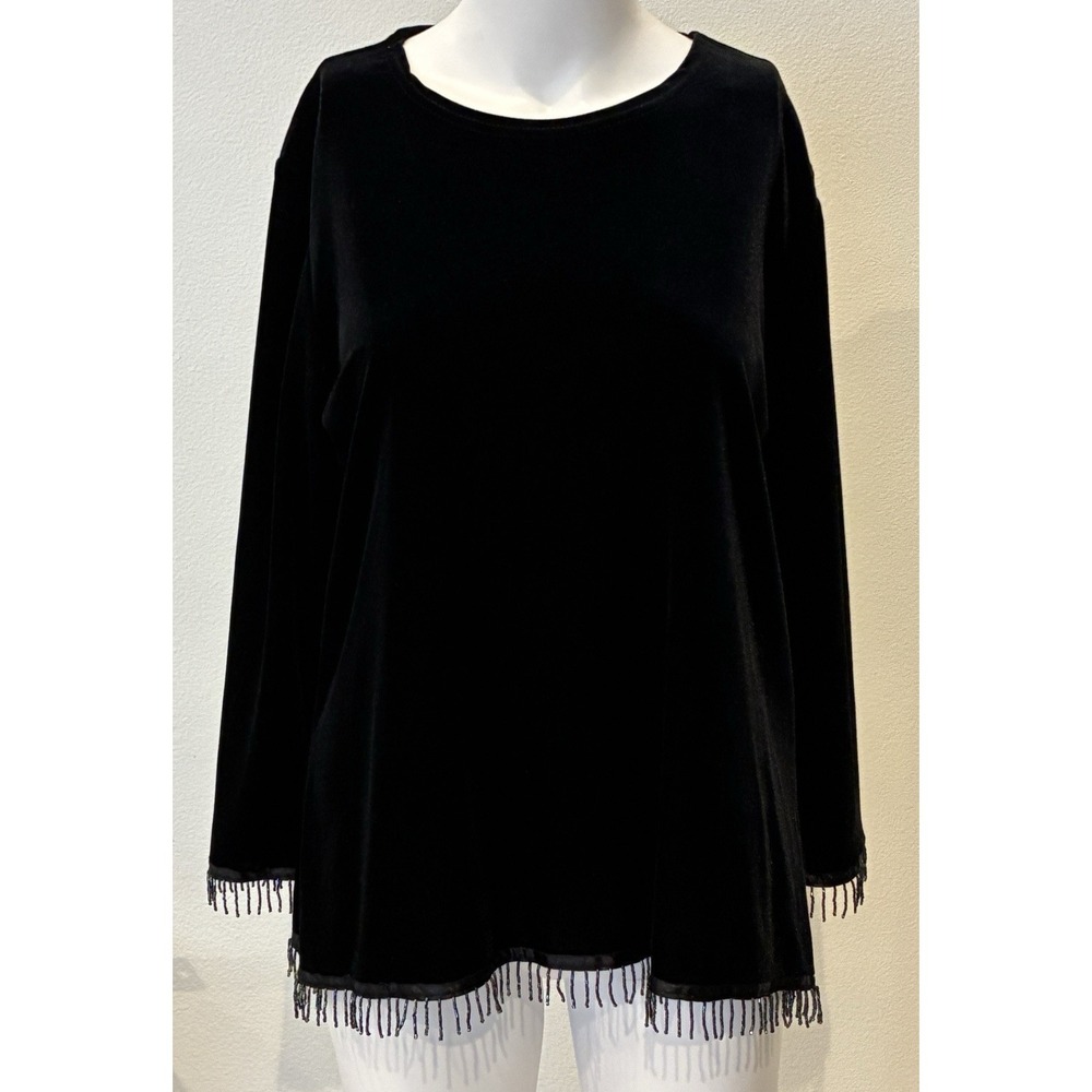 VTG Y2K Ronni Nicole Velvet Tunic Whimsigoth Top 8 Black Bead Fringe Glam Fairy